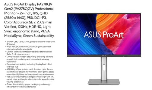ASUS ProArt PA278QGV 27” QHD IPS 120Hz Monitor — Excellent Condition