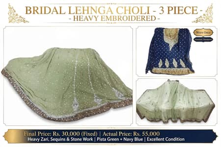 Bridal Lehnga 3 Piece Heavy Embroidered Pista Green + Navy Blue Choli