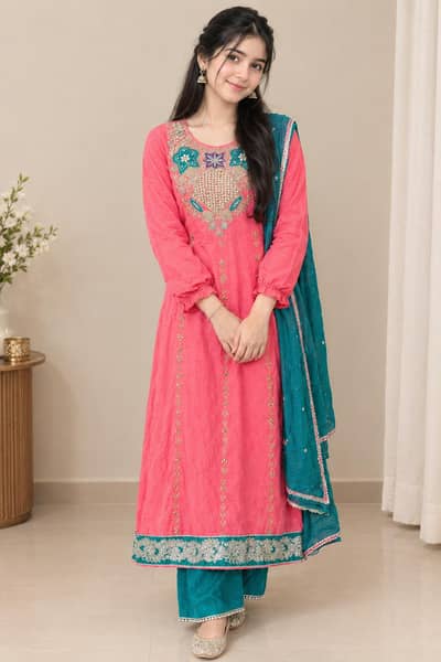 Pink Embroidered 3-Piece Suit with Teal Green Dupatta