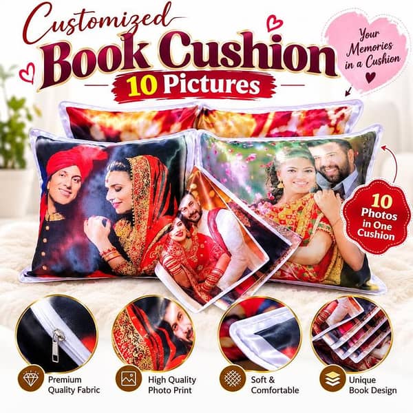 Customized Book Cushion with 10 Pictures – Personalized Photo Pillow, Soft Decorative Cushion for Wedding, Anniversary & Birthday