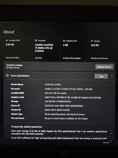 Hp Zbook 6th gen core i7 8gb ram