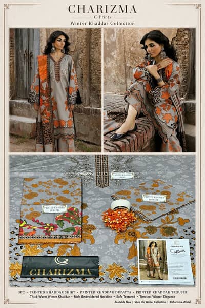 3 pc Khaddar Unstiched brannded -Charizma -suit availble