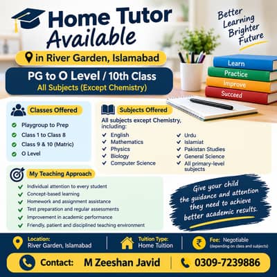 Home Tutor Available in River Garden, Islamabad | PG to O Level