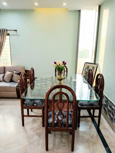 6 Seater Wooden Dining Table with Glass Top & Cushioned Chairs - Exce