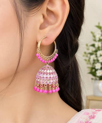 pink Bali Jhumka Earrings - Hot Pink Beaded Jhumki  - New Design