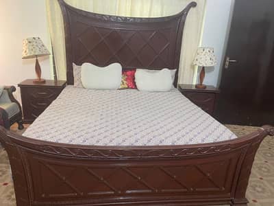 King size old pure wooden bed with with side tables