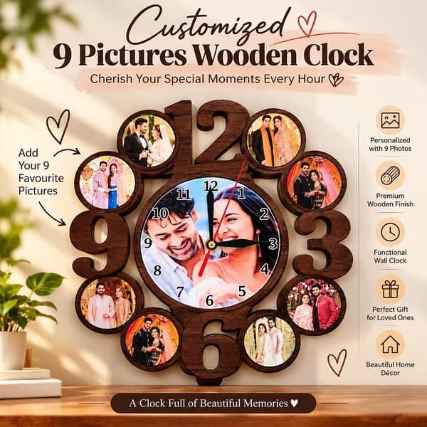 Customized 9 Pictures Wooden Wall Clock
