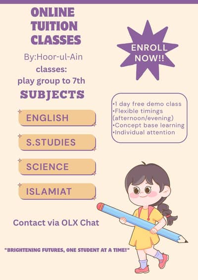 Online Tuition Available for Playgroup to Grade 7
