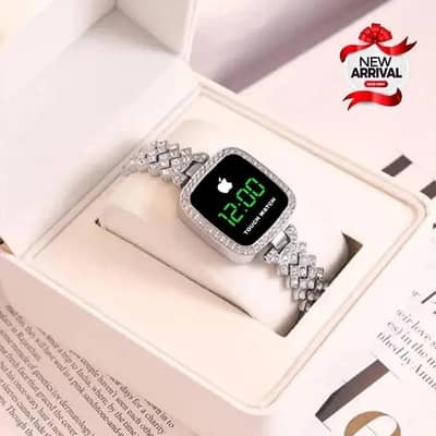 women square digital touch watch with diamond chain strap