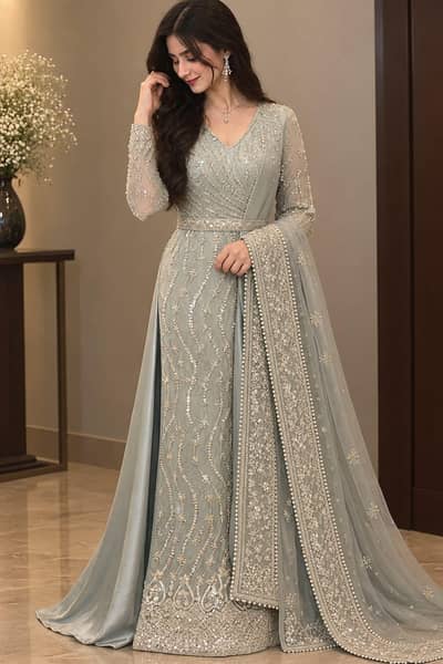 Elegant Silver-Grey Embellished Formal Gown