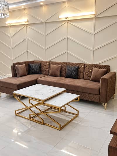 5 Seater L-Shape Sofa Set – Turkish Fabric with Golden Legs