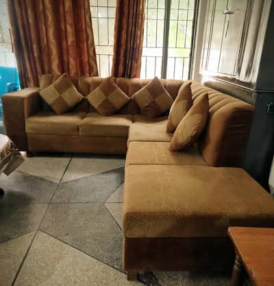 L-Shape Sofa Set – Premium Brown & Golden Design with Cushions