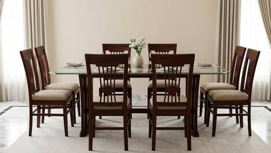 6 Chairs Dining Table Set with Heavy Glass Top (Wooden Frame)