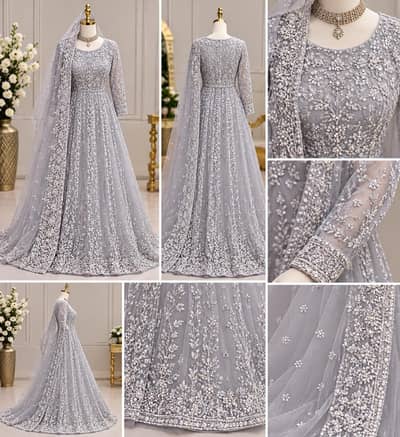 Luxury Silver Grey Bridal Maxi – Heavy Embroidery – Wedding Dress