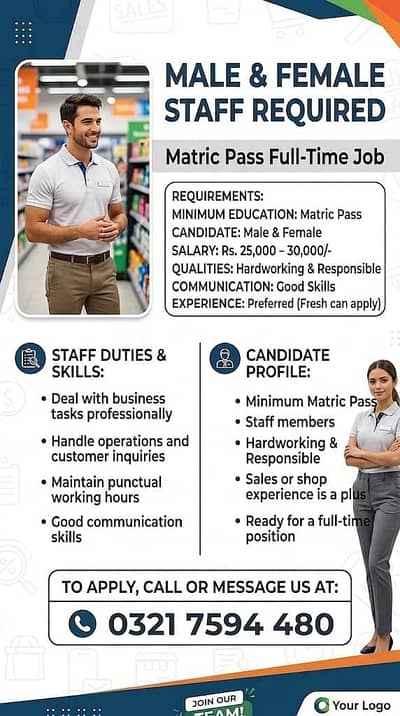 Male & Female Staff Required | Matric Pass Full Time Job