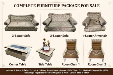 6 seater sofa set,center and side tables with glass top +2 room chairs