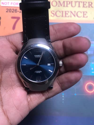 Casio Lineage Titanium Watch – Blue Dial, Date Display, Leather Straps
