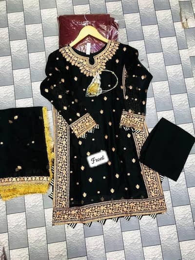 black color crinckel chiffon dress with heavy embroidery