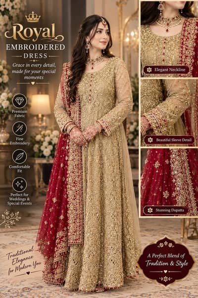 Elegant Mustard & Teal Embroidered Formal Dress | Wedding Wear