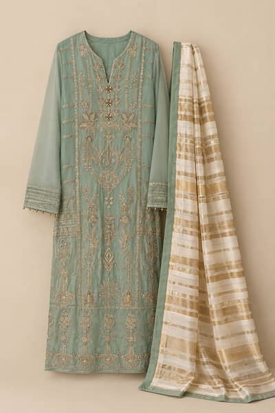 Mint Green & Golden Embroidered 2-Piece Formal Suit