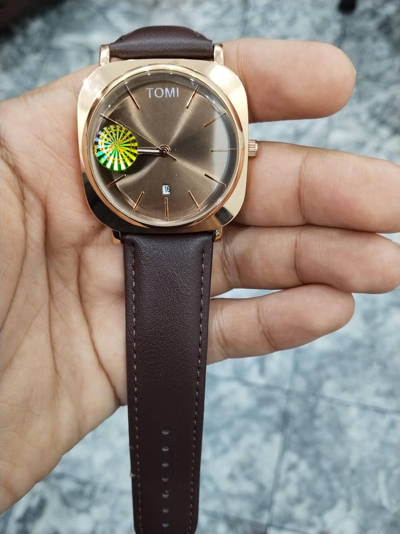 TOMI Square Dial Brown Leather Watch with Date Display - Watches ...