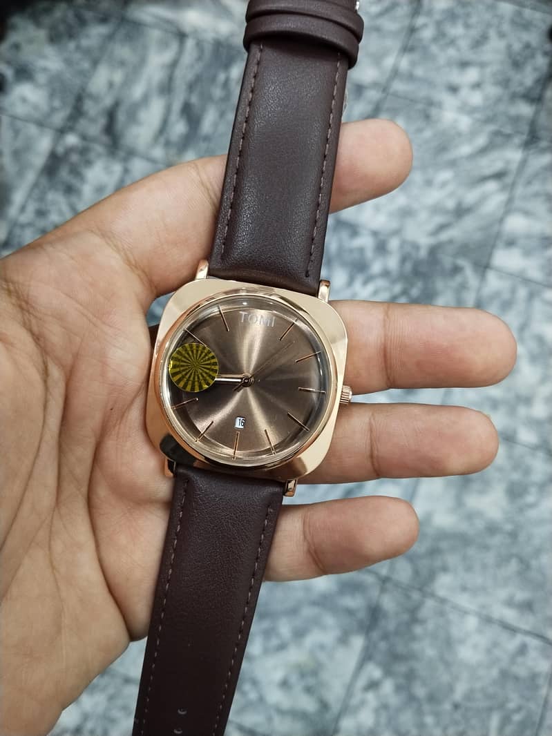 TOMI Square Dial Brown Leather Watch with Date Display - Watches ...