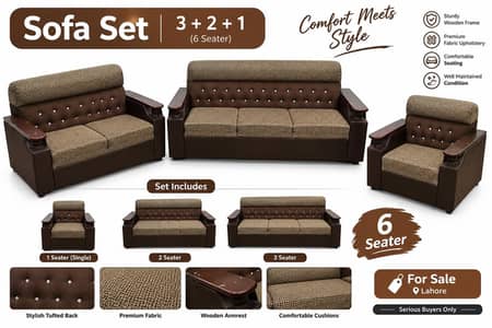 6 Seater Sofa Set 3+2+1 | Brown Wooden Sofa | Lahore