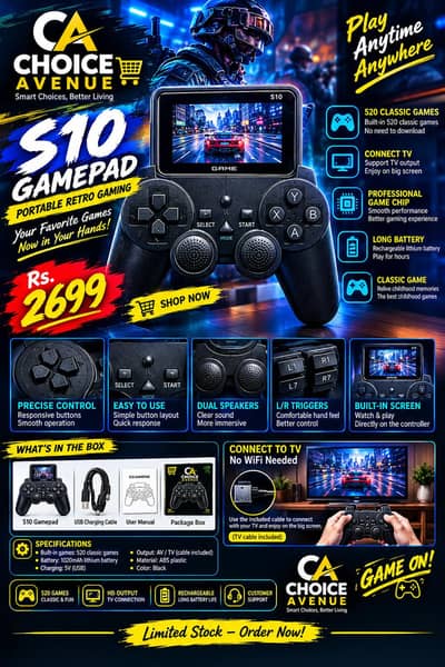 S10 Handheld Game Console | 520 Classic Games | Built-in Screen