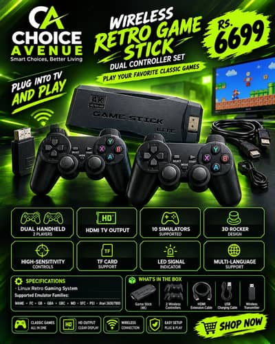 Wireless Retro Game Stick Lite 4K | Dual Controllers | HDMI TV Gaming