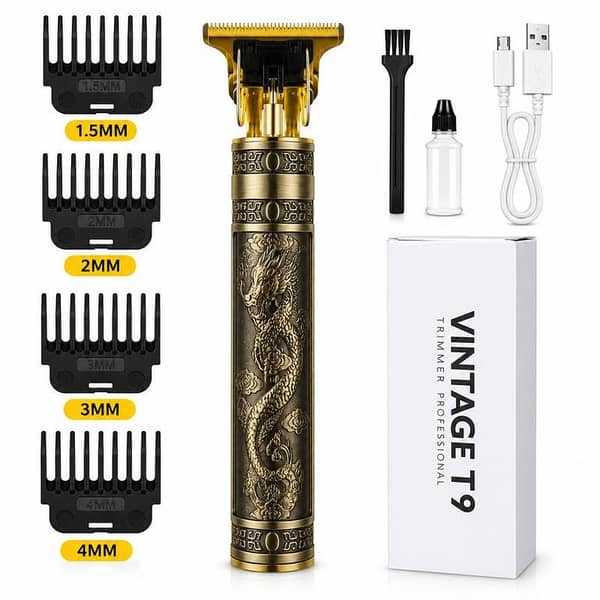 Professional Vintage T9 Hair Trimmer – Engraved Dragon Metal Body – Zero-Gapped T-Blade Cordless Grooming Kit for Men (Gold/Bronze Edition)