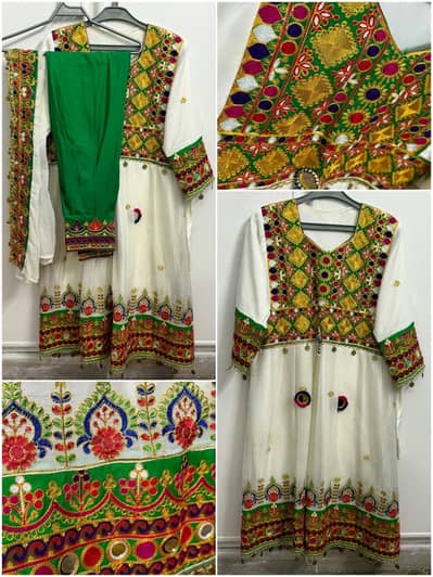 White & Green Embroidered Frock 3-Piece Suit – Small