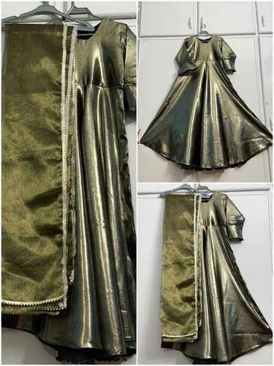 Golden Green Shiny Frock with Dupatta – Small