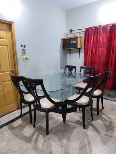 6 Seater Dining Table Set with Glass Top and Center & 6 wooden Chairs