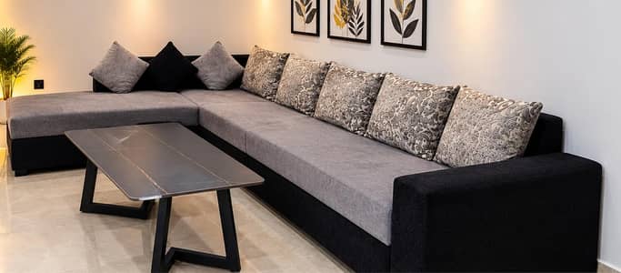 L-Shape Sofa Six Seater – Grey & Black, Modern Design In Wapda City