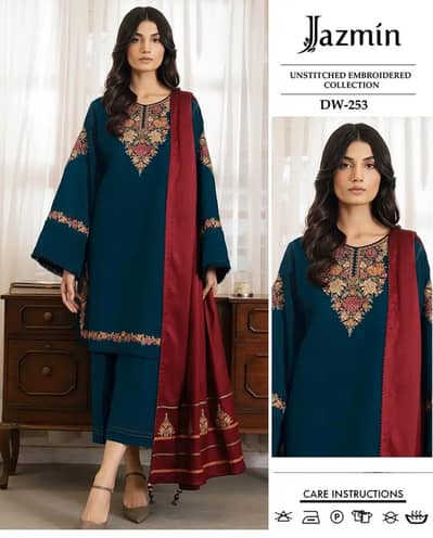 3 Pcs Women's Unstitched Embroidered Suit