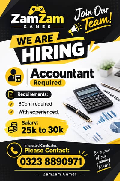 Accountant Required in ZamZam Games Male/Female B. Com with Experience