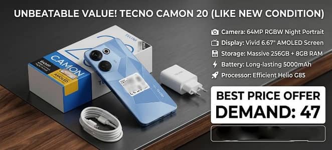 Tecno Camon 20 256GB  AMOLED Display  Like New Condition