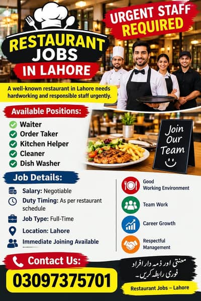 Urgent Restaurant Staff Required in Lahore – Waiter & Kitchen Helper