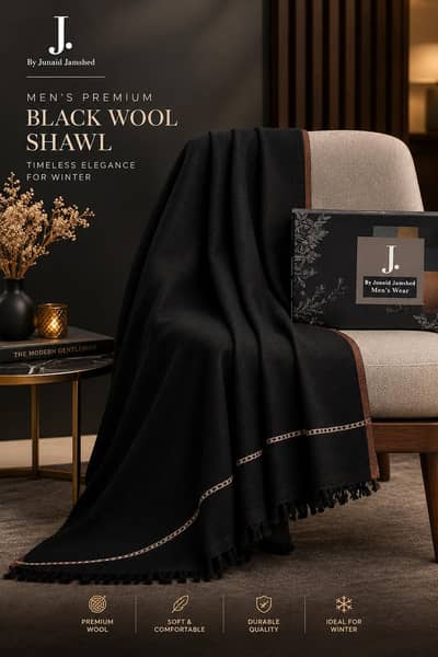 J. Men's Premium Black Wool Shawl