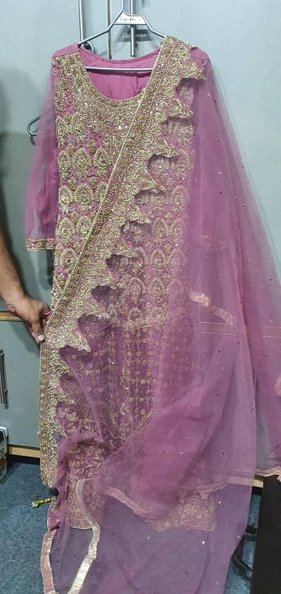 "Pink Embroidered Walima Maxi with Net Dupatta - 3 Piece Stitched"