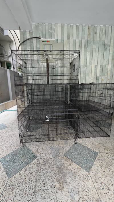 5 cages tower size 3×2 freshly painted and 1 famcy big cage
