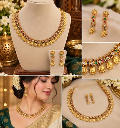 South Indian Traditional Gold Plated Temple Necklace Set with Matchin