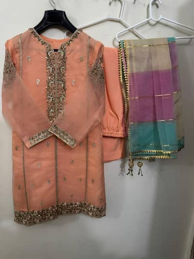 beautiful peach net embroidered dress with multi colored dupatta