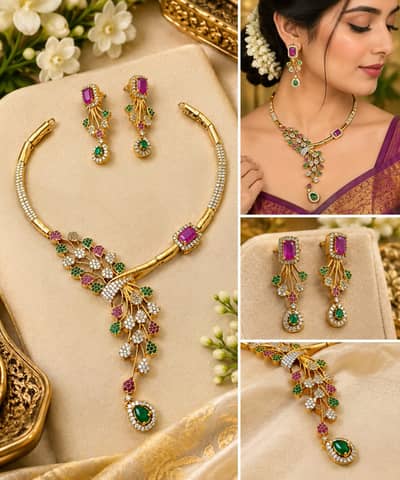 South Indian Gold Plated Temple Necklace Set with Matching Earrings |