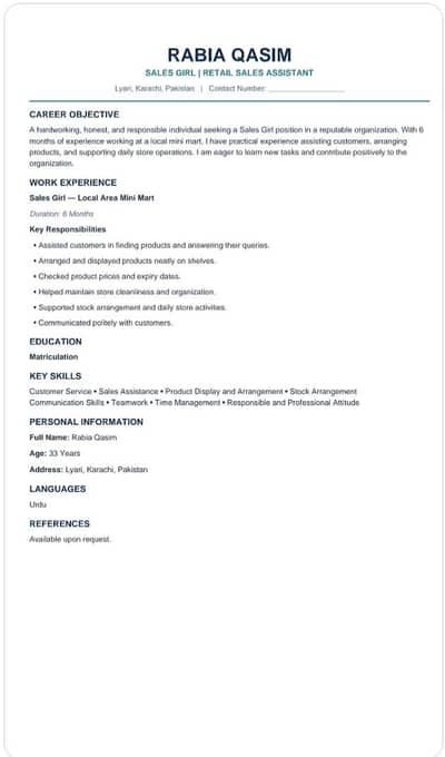 Sales Assistant / Sales Girl