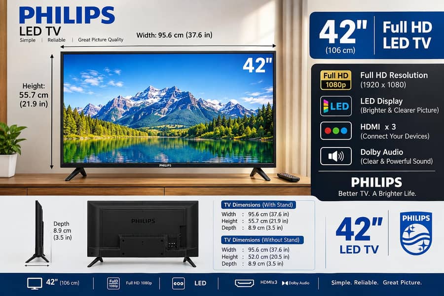 Philips 42 Inch Full HD LED TV 1080p HDMI Excellent Condition 0
