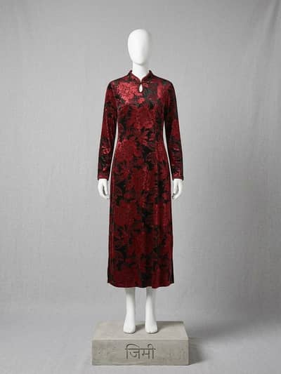 Elegant Red & Black Floral Velvet Dress / Maxi for Women