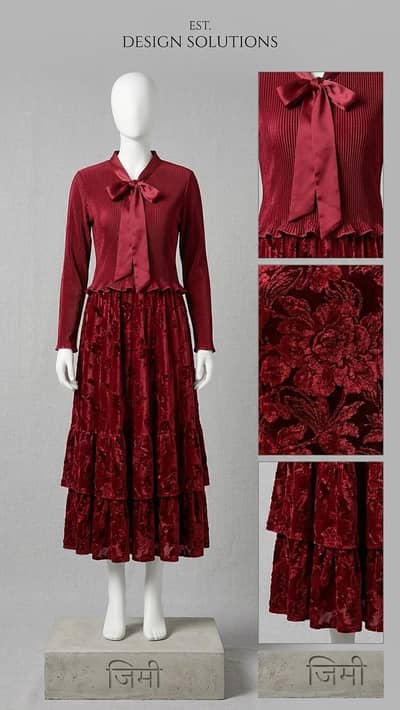 Stylish Maroon Velvet Tiered Maxi Dress with Bow Neck