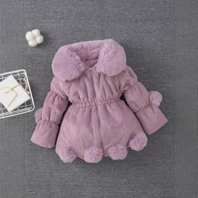 imitation Fur coat for girls 3-5 years warm pom pom