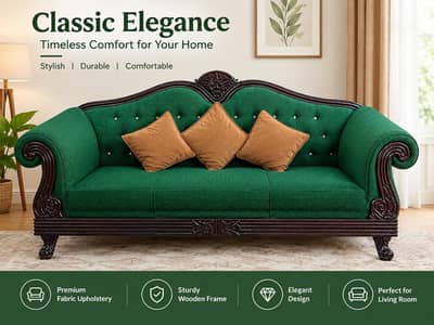 Royal Green Classic Sofa – Beautiful Wooden Carving